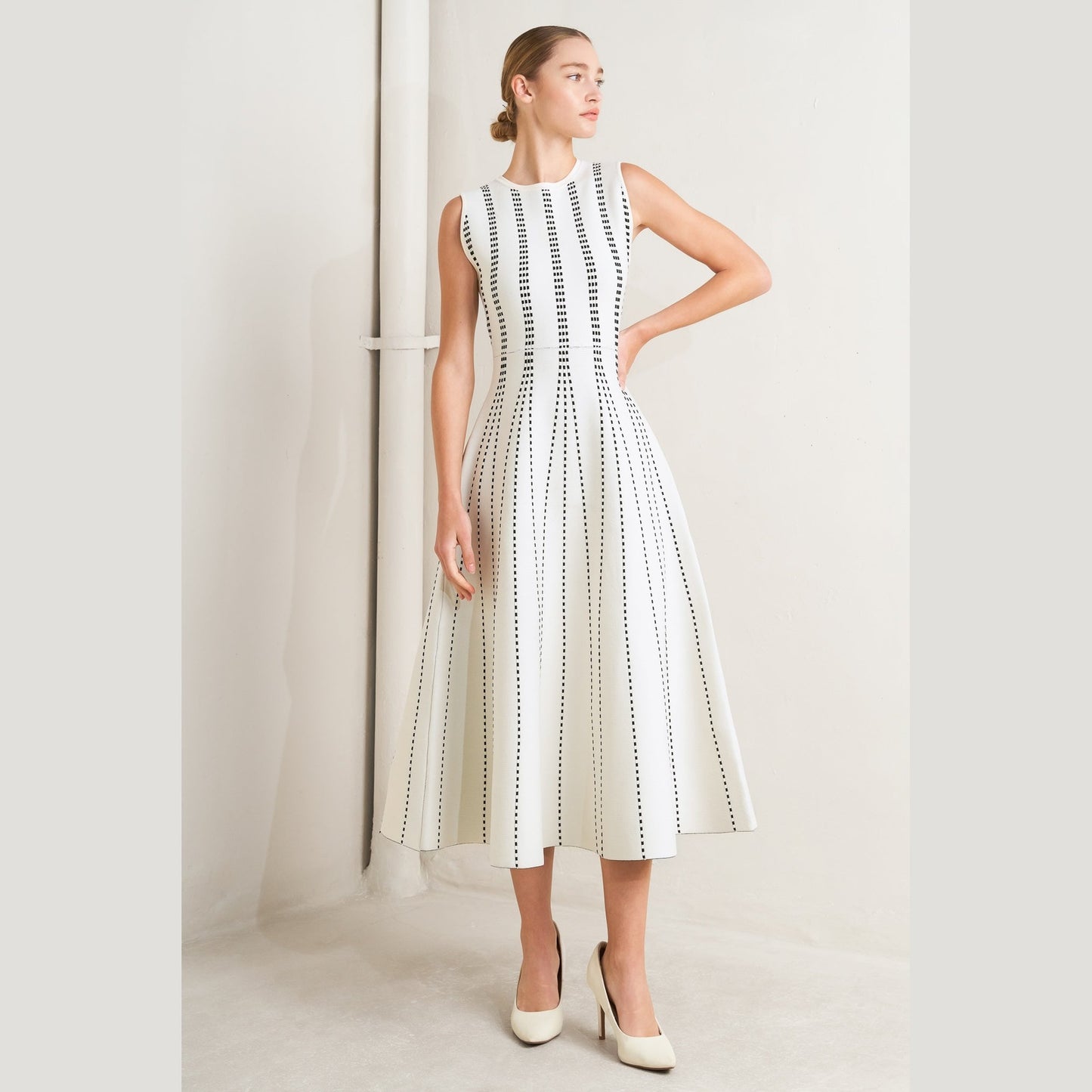 PERFECTLY POISED JACQUARD SLEEVELESS SWEATER MIDI DRESS in Mocha/White - Navy/White - White/Black. Website exclusive · Ships direct!