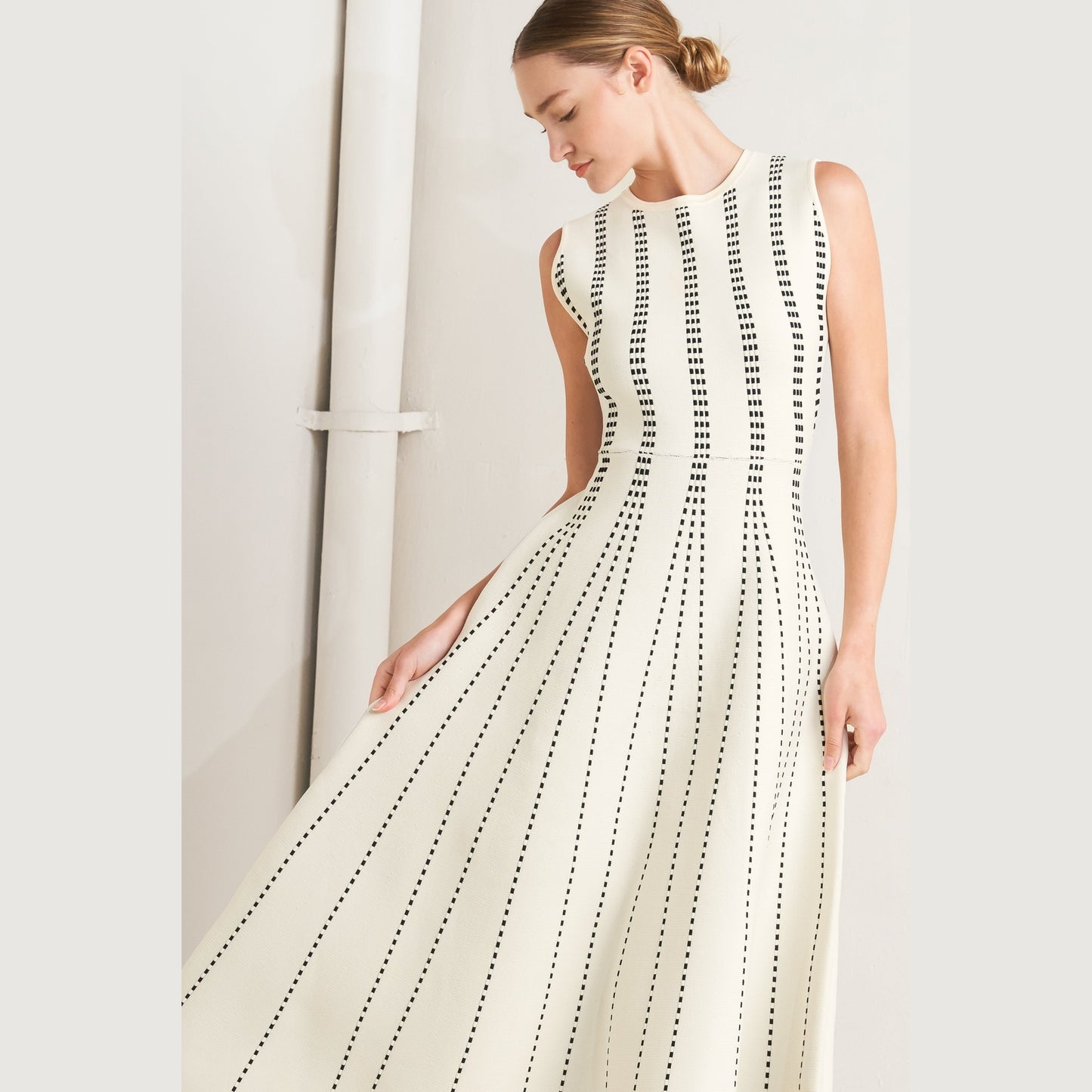 PERFECTLY POISED JACQUARD SLEEVELESS SWEATER MIDI DRESS in Mocha/White - Navy/White - White/Black. Website exclusive · Ships direct!