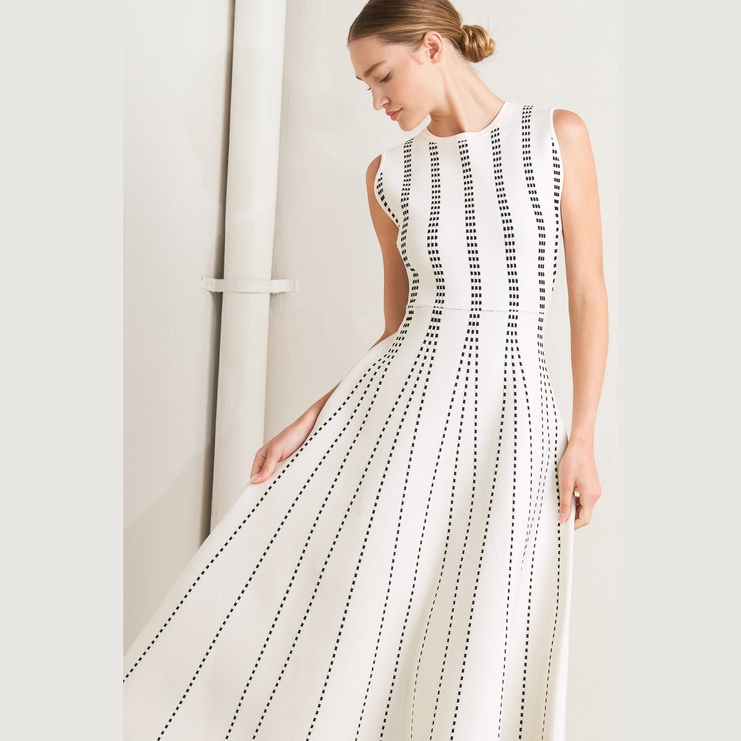 PERFECTLY POISED JACQUARD SLEEVELESS SWEATER MIDI DRESS in Mocha/White - Navy/White - White/Black. Website exclusive · Ships direct!