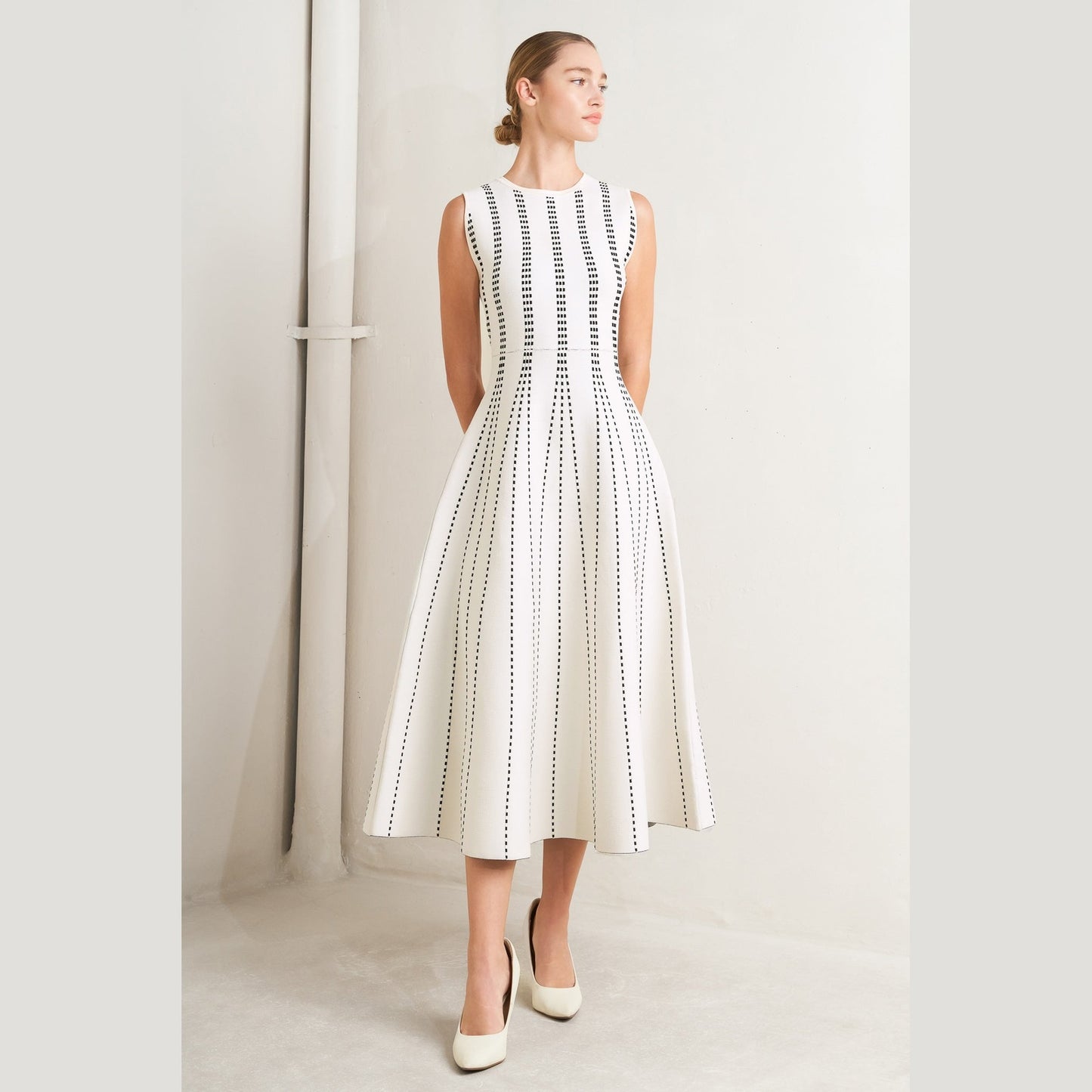 PERFECTLY POISED JACQUARD SLEEVELESS SWEATER MIDI DRESS in Mocha/White - Navy/White - White/Black. Website exclusive · Ships direct!