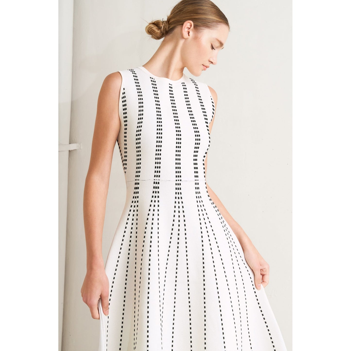 PERFECTLY POISED JACQUARD SLEEVELESS SWEATER MIDI DRESS in Mocha/White - Navy/White - White/Black. Website exclusive · Ships direct!