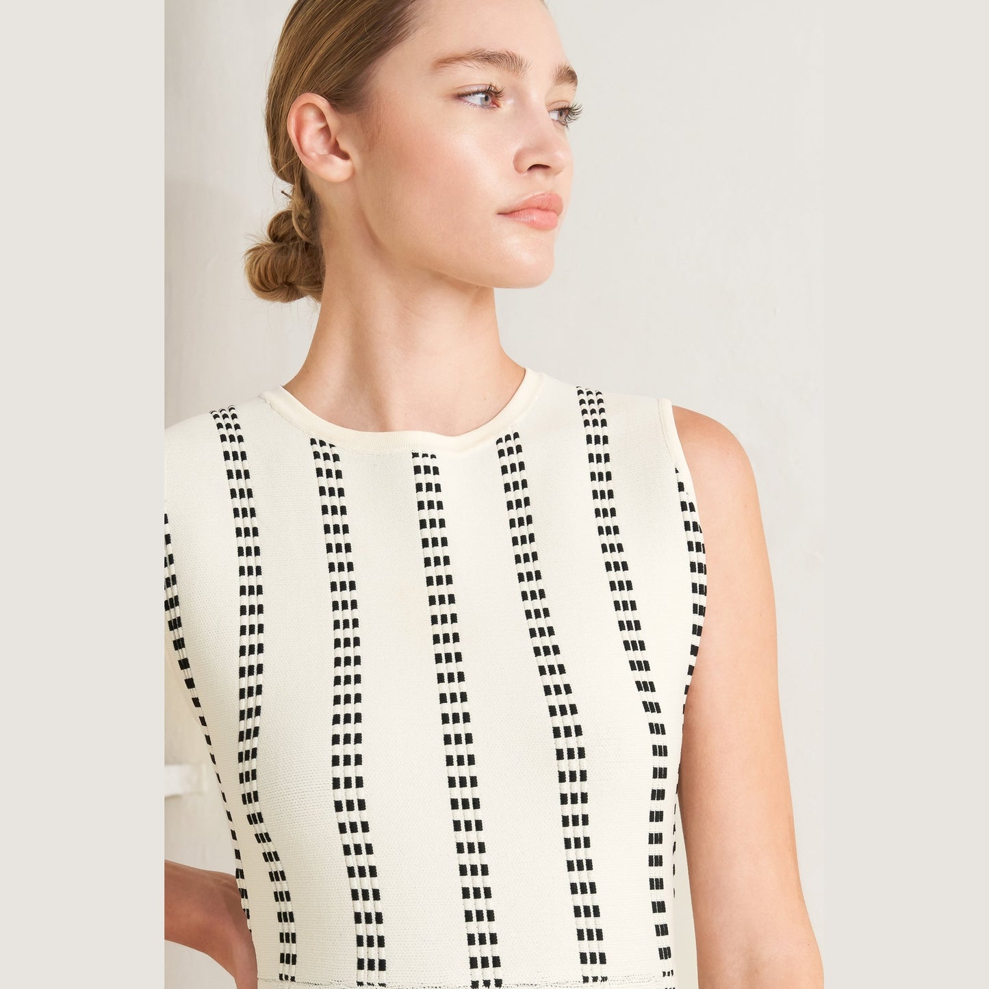 PERFECTLY POISED JACQUARD SLEEVELESS SWEATER MIDI DRESS in Mocha/White - Navy/White - White/Black. Website exclusive · Ships direct!