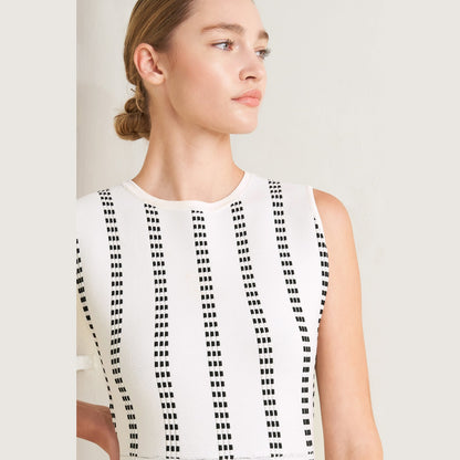 PERFECTLY POISED JACQUARD SLEEVELESS SWEATER MIDI DRESS in Mocha/White - Navy/White - White/Black. Website exclusive · Ships direct!