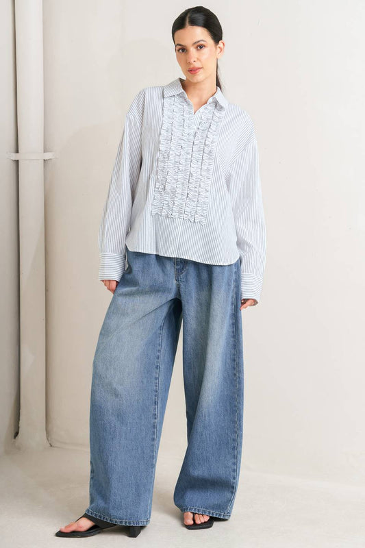 DAYLIGHT EDGE WOVEN RUFFLE DETAIL LONG SLEEVE TOP. Website exclusive · Ships direct!