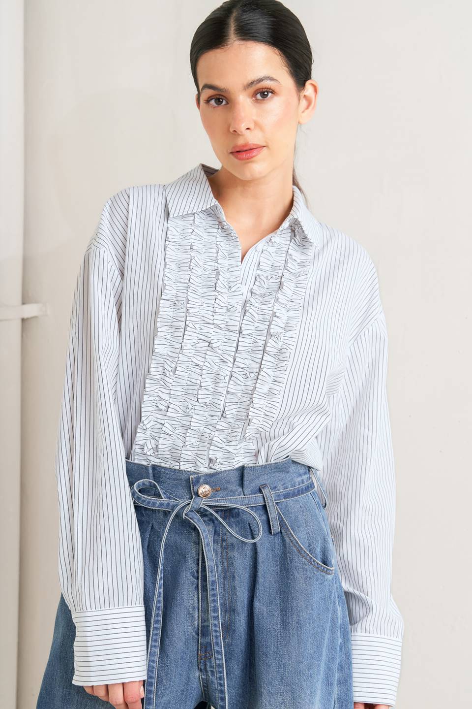 DAYLIGHT EDGE WOVEN RUFFLE DETAIL LONG SLEEVE TOP. Website exclusive · Ships direct!