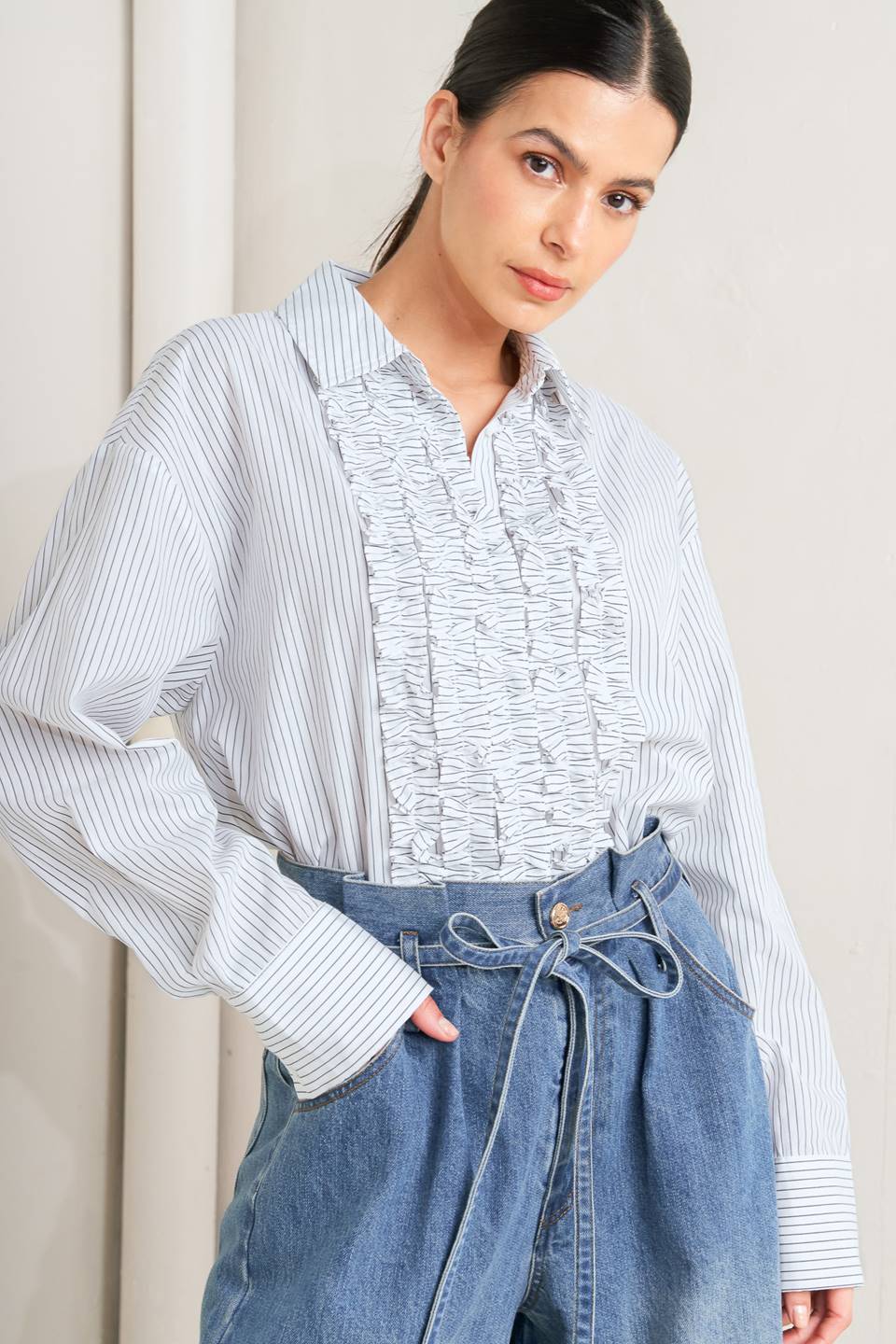 DAYLIGHT EDGE WOVEN RUFFLE DETAIL LONG SLEEVE TOP. Website exclusive · Ships direct!