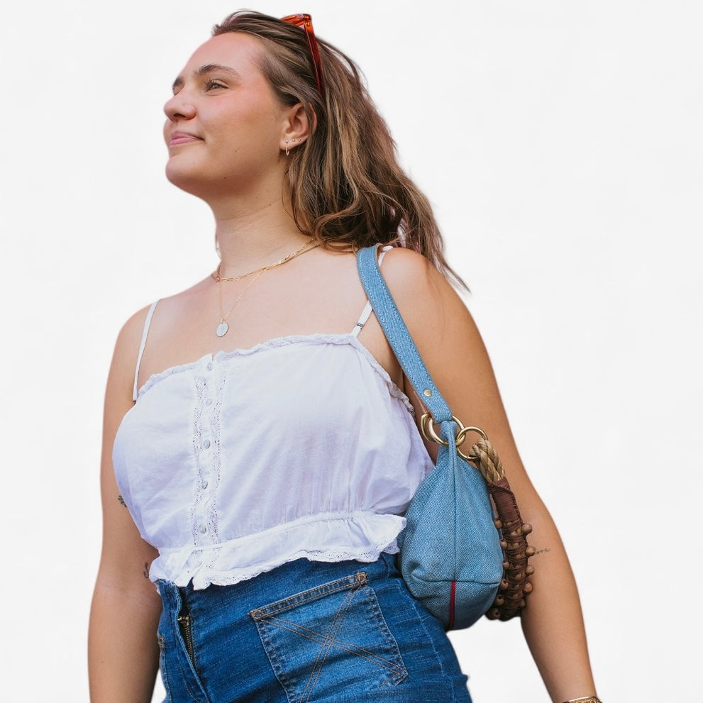 Blair-East West Shoulder Bag, Denim Leather. Website exclusive · Ships direct!