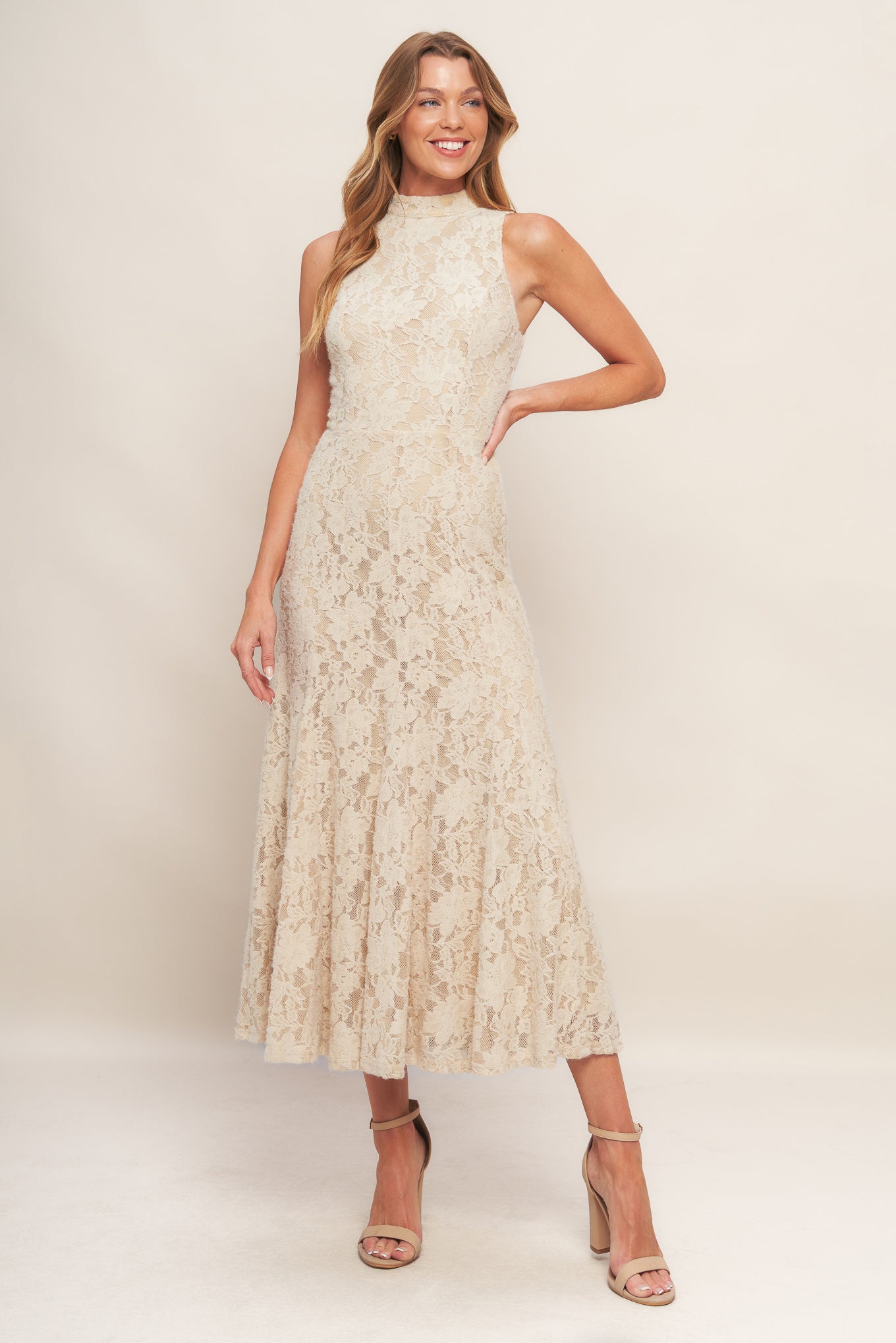 ELEGANT FLORAL STRETCH LACE SLEEVELESS MIDI DRESS - Ivory. Website exclusive · Ships direct!