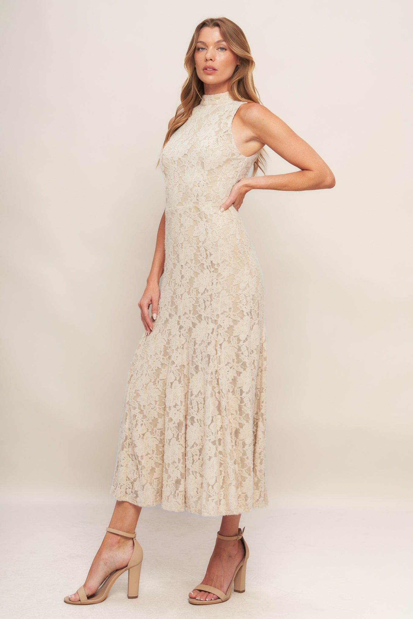 ELEGANT FLORAL STRETCH LACE SLEEVELESS MIDI DRESS - Ivory. Website exclusive · Ships direct!
