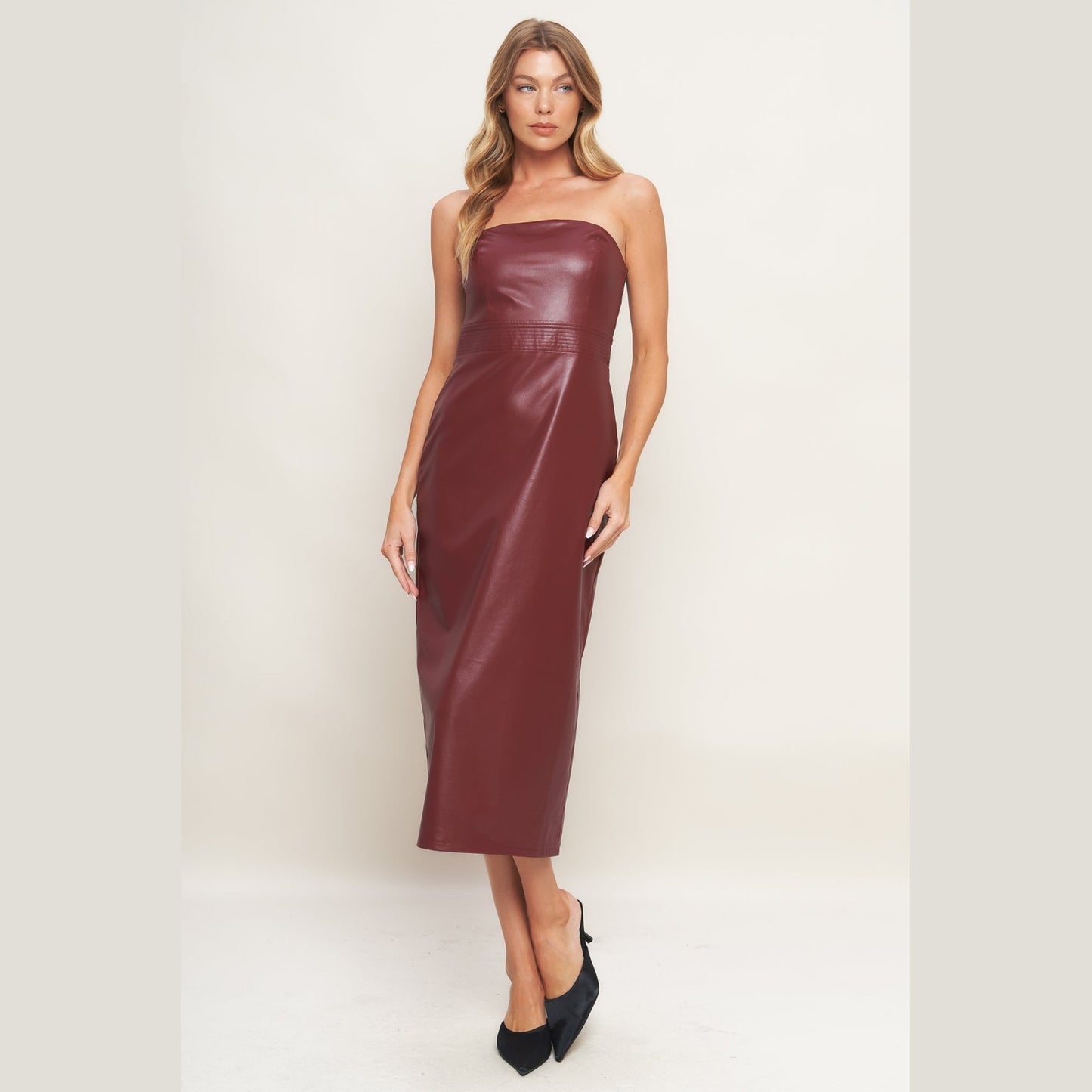 RUNWAY TREND FAUX LEATHER STRAPLESS MIDI DRESS. Website exclusive · Ships direct!