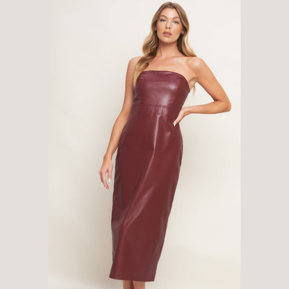 RUNWAY TREND FAUX LEATHER STRAPLESS MIDI DRESS. Website exclusive · Ships direct!