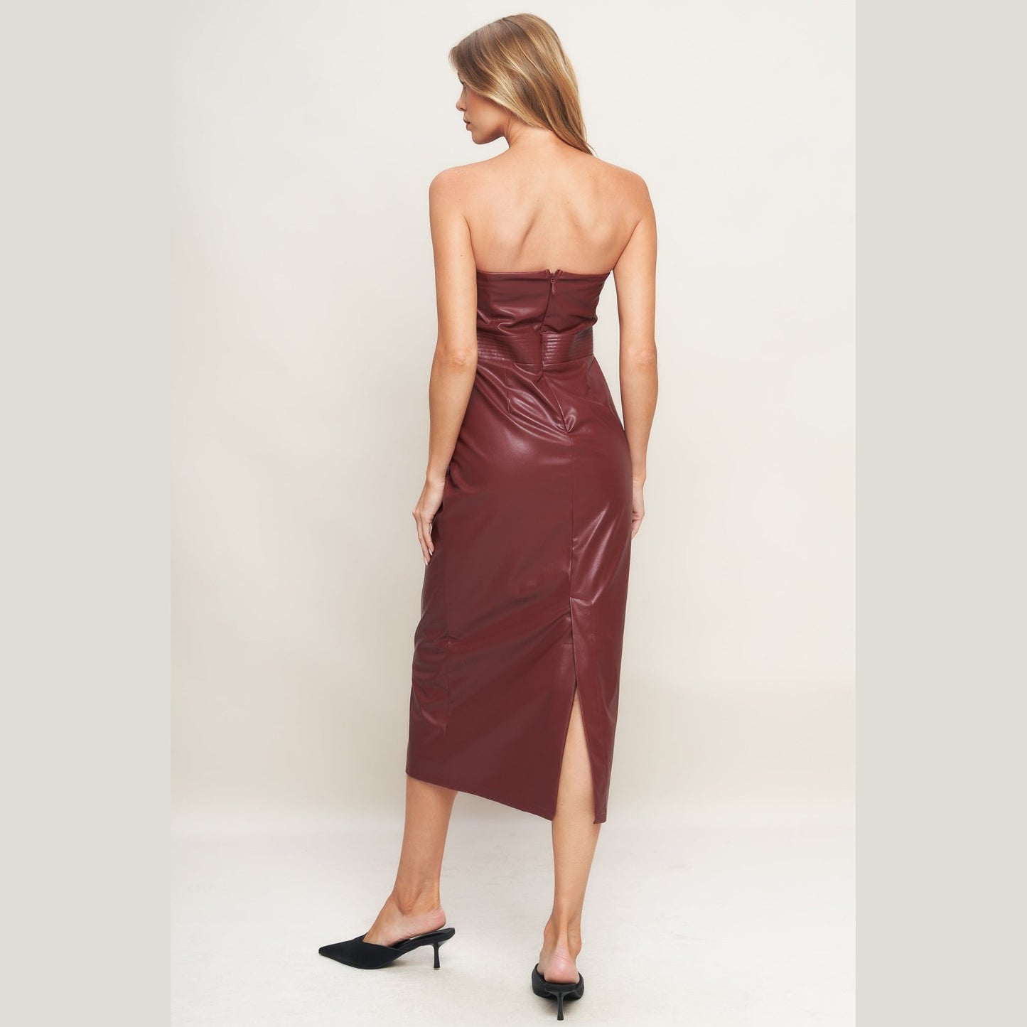 RUNWAY TREND FAUX LEATHER STRAPLESS MIDI DRESS. Website exclusive · Ships direct!