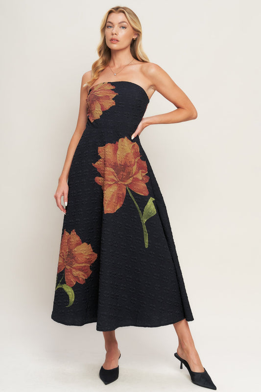 STRAPLESS ART NOUVEAU BLOOM WOVEN MIDI DRESS. Website exclusive · Ships direct!
