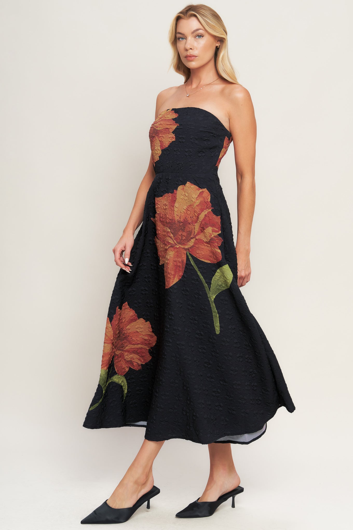 STRAPLESS ART NOUVEAU BLOOM WOVEN MIDI DRESS. Website exclusive · Ships direct!