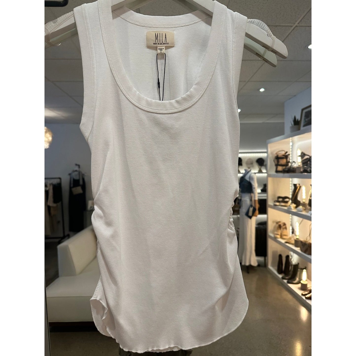 Mila Los Angeles Rushed Side Tank Top in White & Black - Jaunts Boutique 