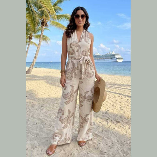 Open Back Printed Jumpsuit in Beige