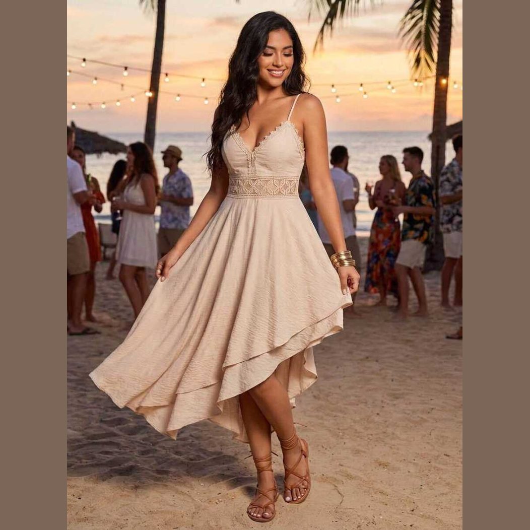 Strappy Crochet Detail Dress – Beige