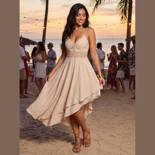 Strappy Crochet Detail Dress – Beige
