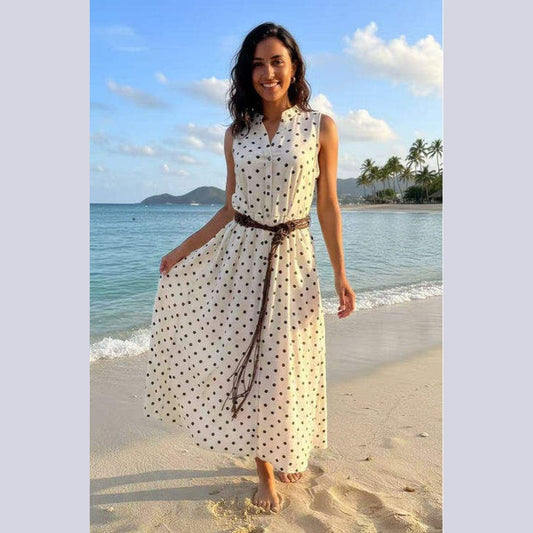 Polka Dot Midi Dress with Macramé Belt