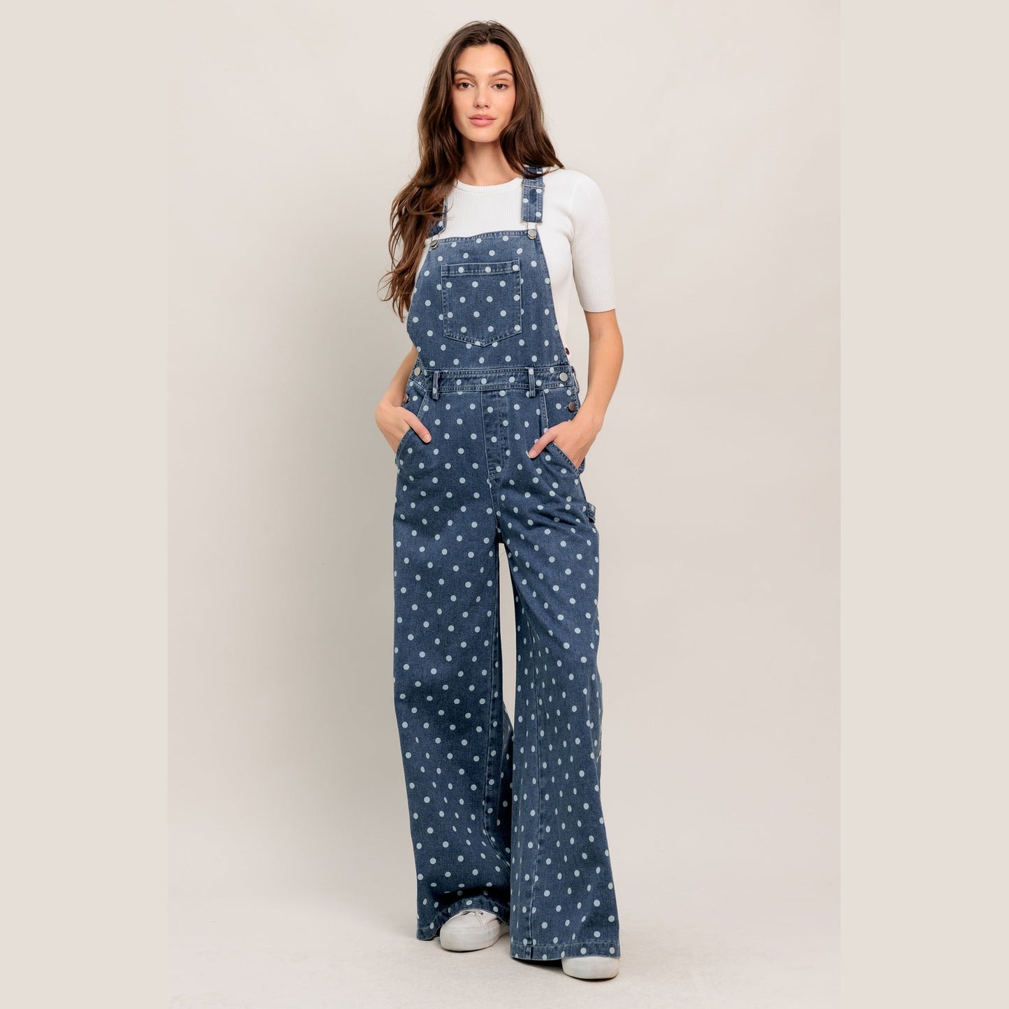 EVERYDAY POLKA OVERALL DENIM JUMPSUIT. Website exclusive · Ships direct!