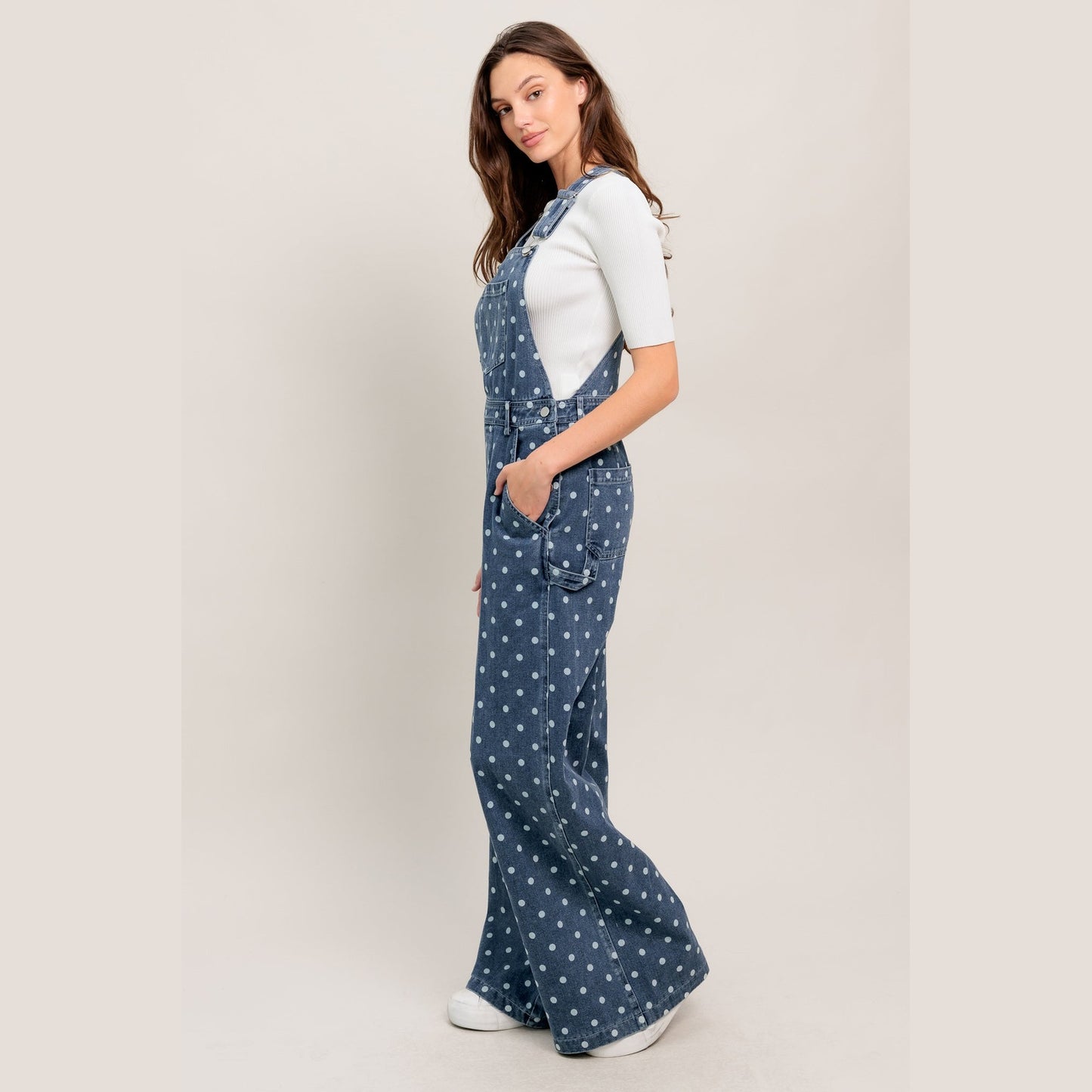 EVERYDAY POLKA OVERALL DENIM JUMPSUIT. Website exclusive · Ships direct!
