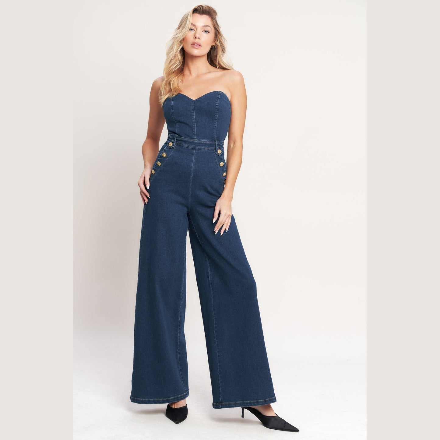 NEXT LEVEL STRAPLESS DENIM JUMPSUIT. Website exclusive · Ships direct!