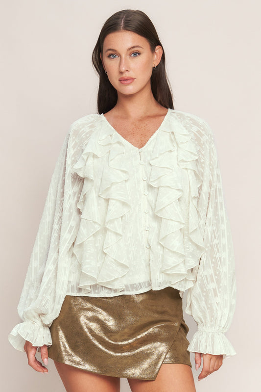 MILK & MOONLIGHT RUFFLE WOVEN BLOUSE. Website exclusive · Ships direct!