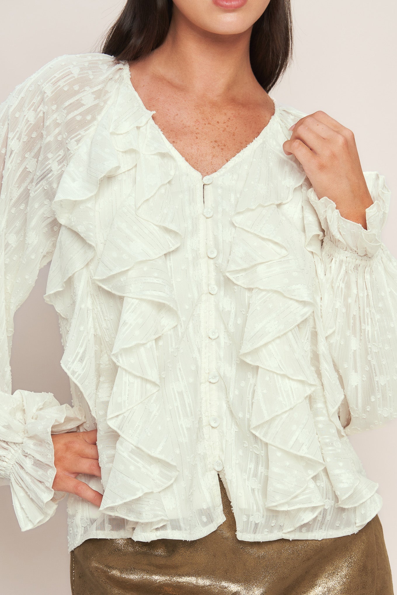 MILK & MOONLIGHT RUFFLE WOVEN BLOUSE. Website exclusive · Ships direct!