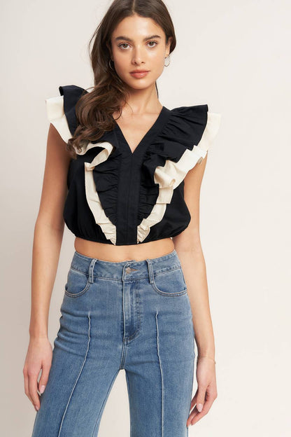 GALLERY CONTRAST RUFFLE WOVEN CROP TOP. Website exclusive · Ships direct!