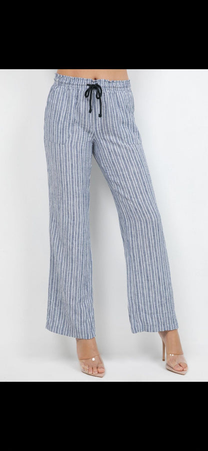 Blue & White Striped Drawstring Straight Leg Pants
