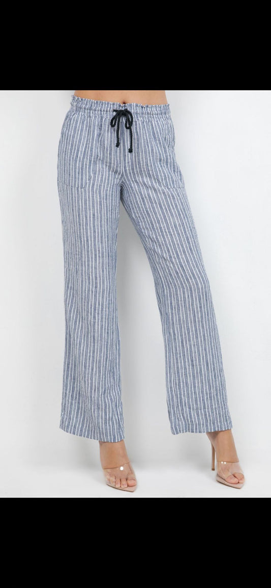 Blue & White Striped Drawstring Straight Leg Pants