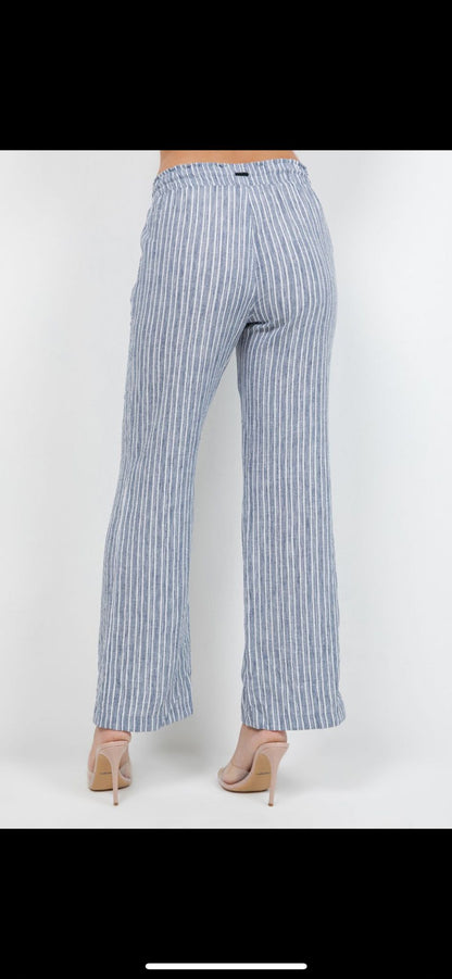 Blue & White Striped Drawstring Straight Leg Pants