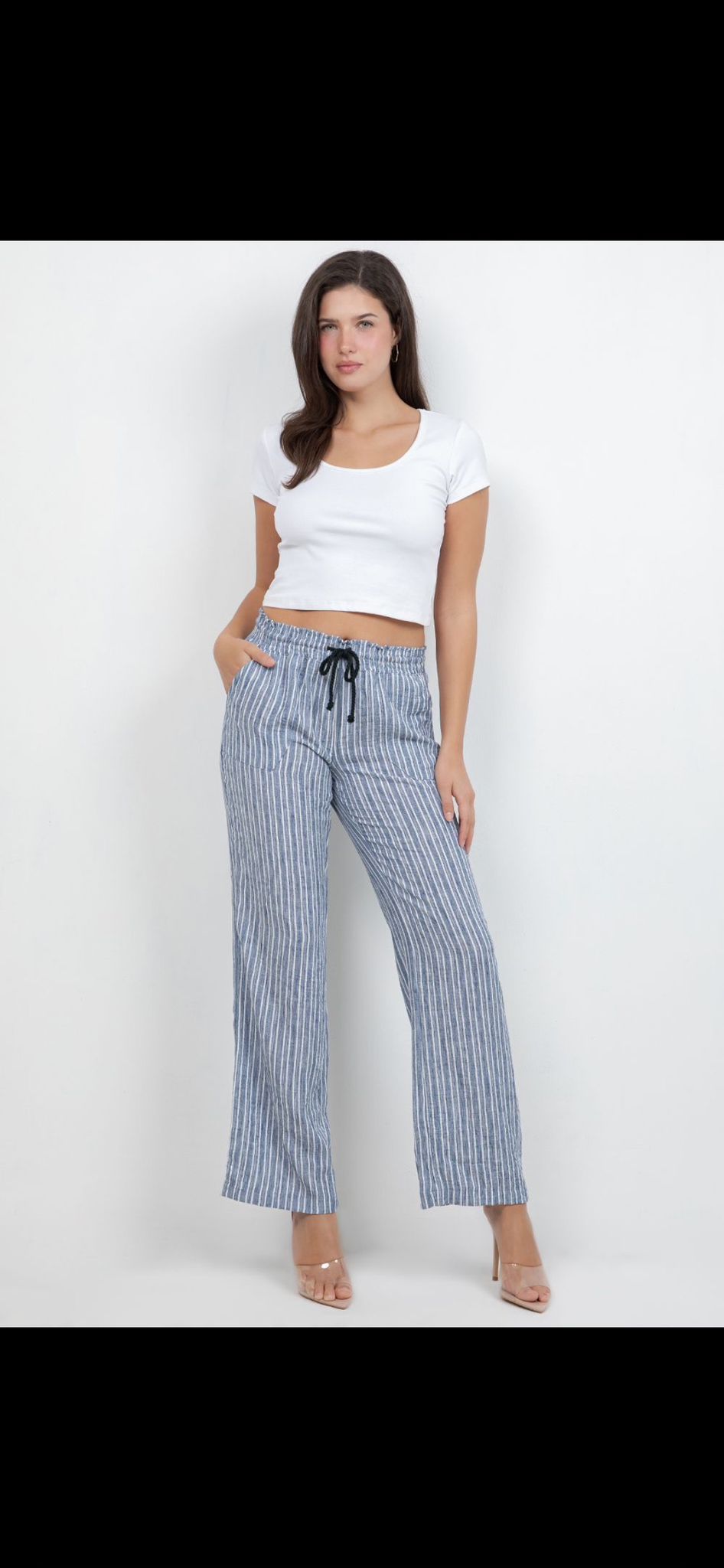 Blue & White Striped Drawstring Straight Leg Pants