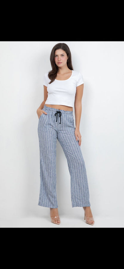 Blue & White Striped Drawstring Straight Leg Pants