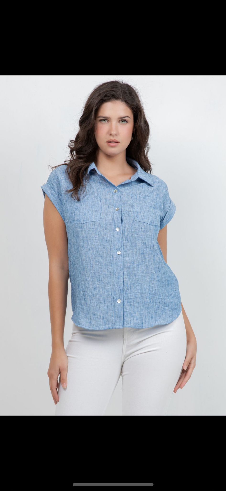 Sleeveless Button-Up Blouse -  White & Light Denim Blue