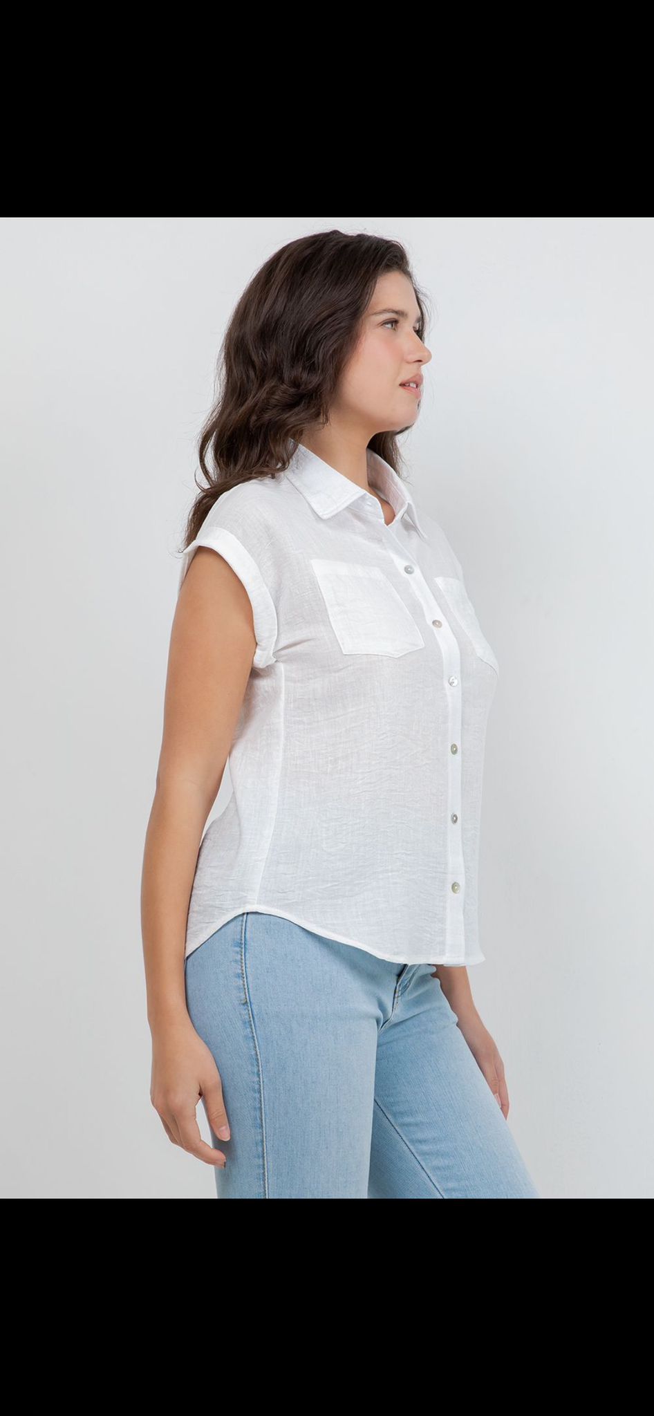 Sleeveless Button-Up Blouse -  White & Light Denim Blue