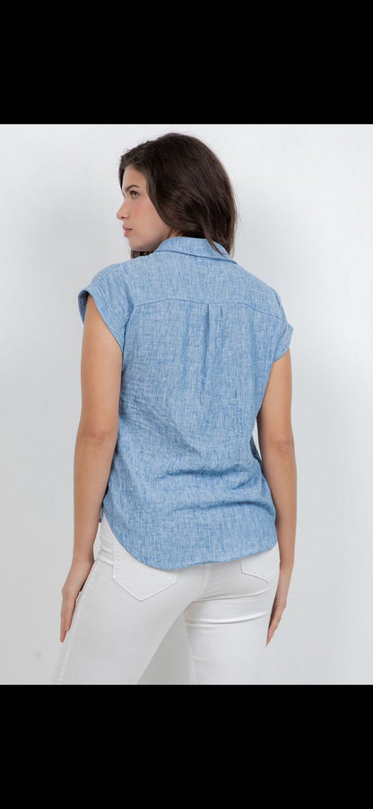 Sleeveless Button-Up Blouse -  White & Light Denim Blue