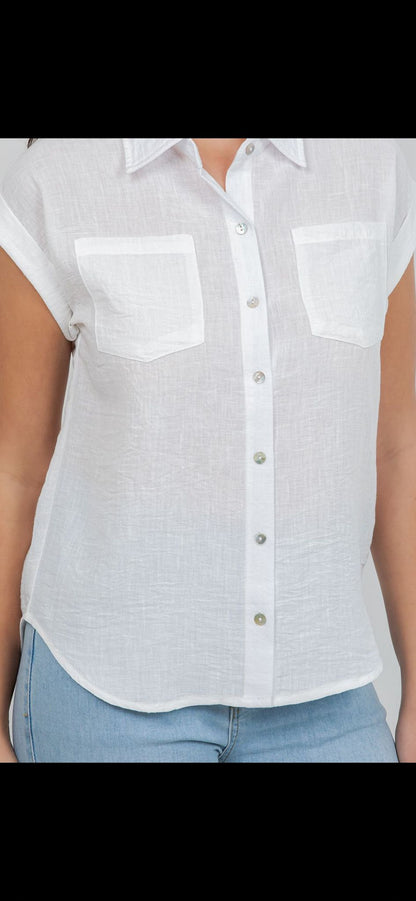 Sleeveless Button-Up Blouse -  White & Light Denim Blue