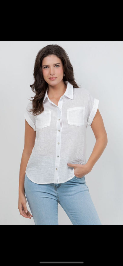 Sleeveless Button-Up Blouse -  White & Light Denim Blue