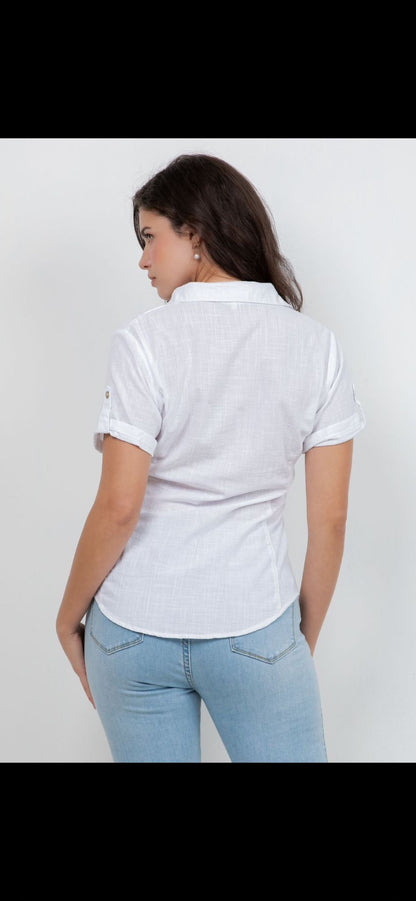 Short Sleeve Knit Fit Button-Up Shirt - White