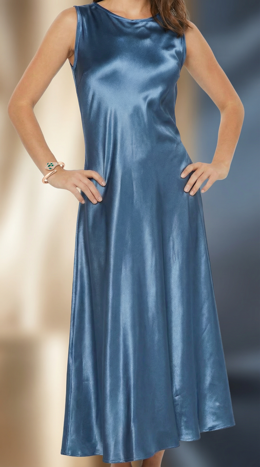 Mixed-Media Satin Front Midi Dress – Midnight Blue