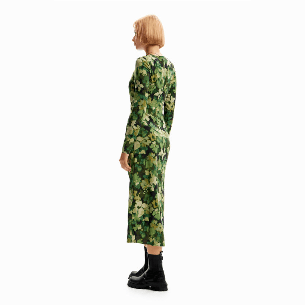 Desigual Gathered Camo Flower Midi Dress - Khaki - Jaunts Boutique 
