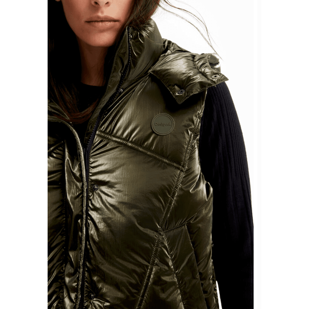 Desigual Iridescent Quilted Sleeveless Puffy Gilet Jacket - Dark Green - Jaunts Boutique 