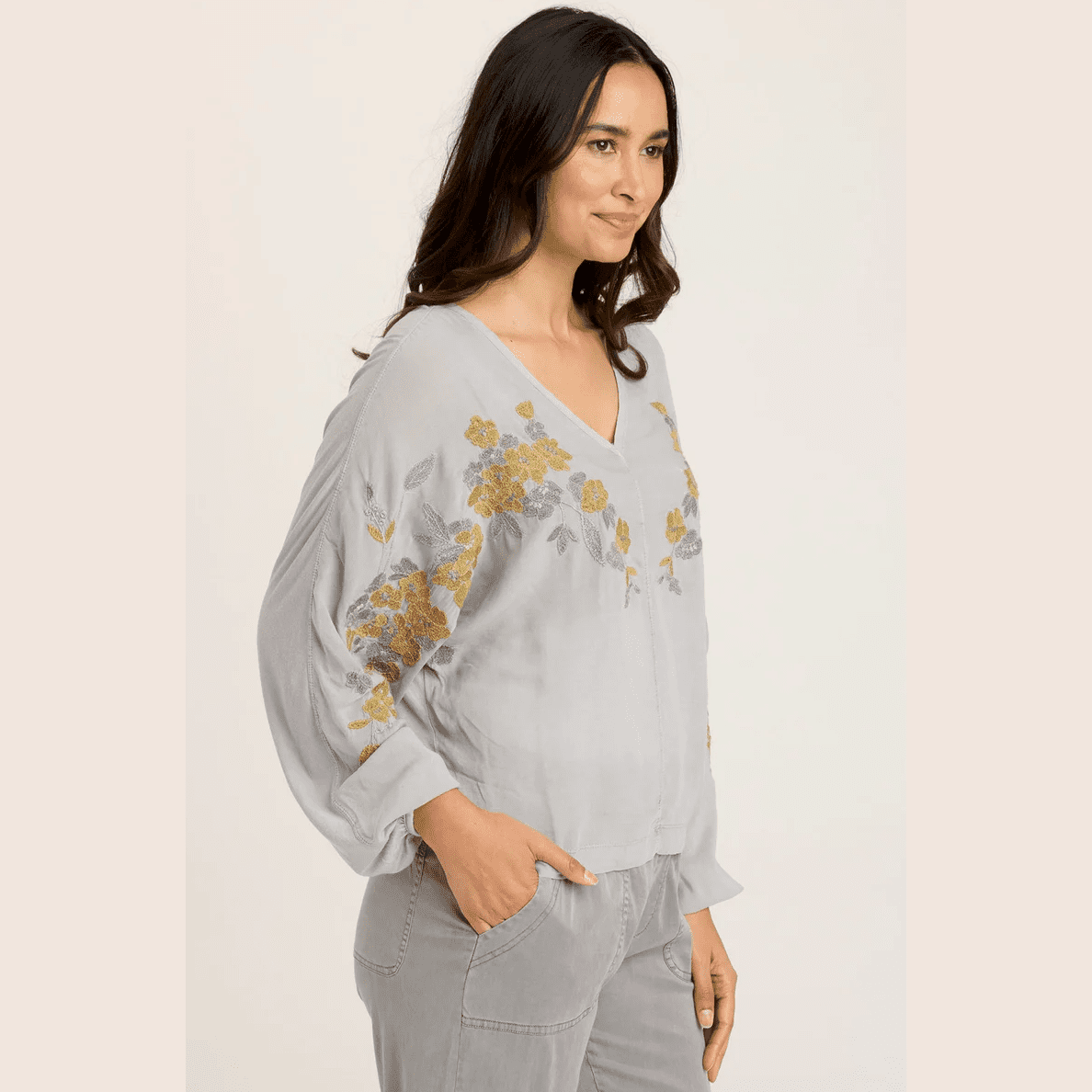 XCVI Floral Embroidery Cinch-Waist Dolman Sleeve Blouse in Soft Pebble Pigment - Black