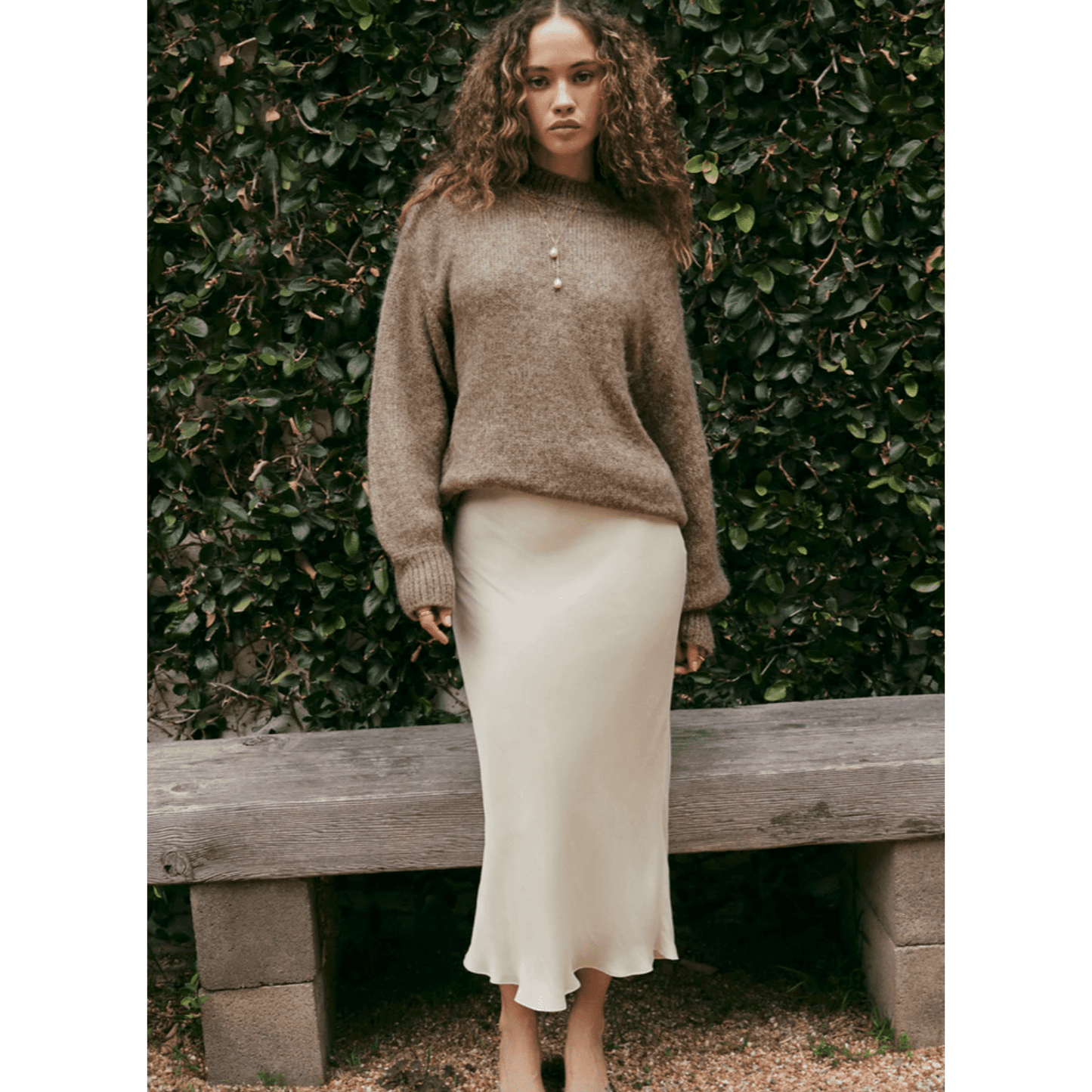 Z Supply Europa Poly Sheen Pull-On Midi Skirt in Sandstone & Black - Jaunts Boutique 