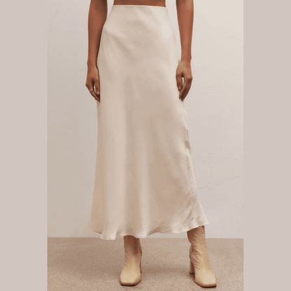 Z Supply Europa Poly Sheen Pull-On Midi Skirt in Sandstone & Black - Jaunts Boutique 