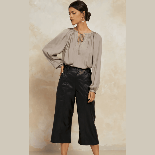 Current Air Vegan Leather Quilted Wide Leg  Cropped Pants in Black - Jaunts Boutique 