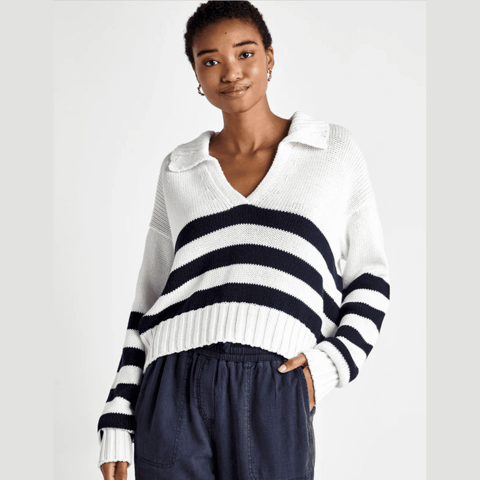 Splendid Parker Polo Stripe Sweater in Navy Stripe - Jaunts Boutique 