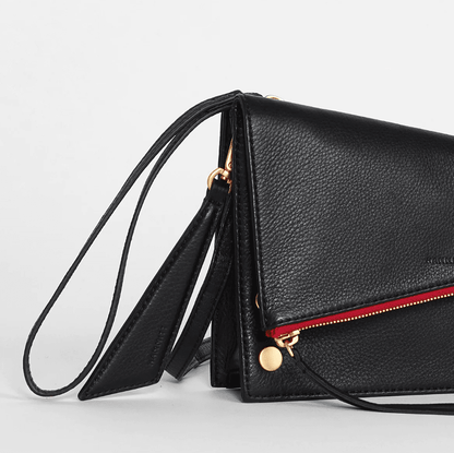 Hammitt CURTIS Leather Crossbody Handbag in Black/Brushed Gold Red Zip - Jaunts Boutique 