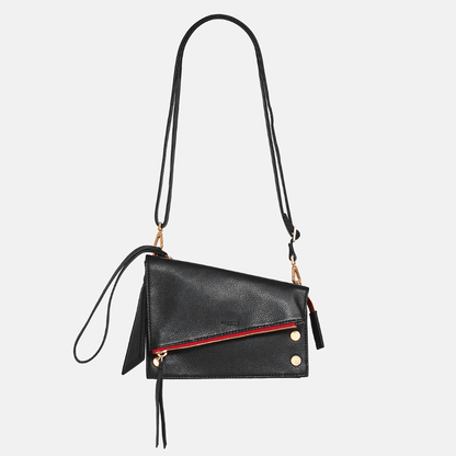Hammitt CURTIS Leather Crossbody Handbag in Black/Brushed Gold Red Zip - Jaunts Boutique 